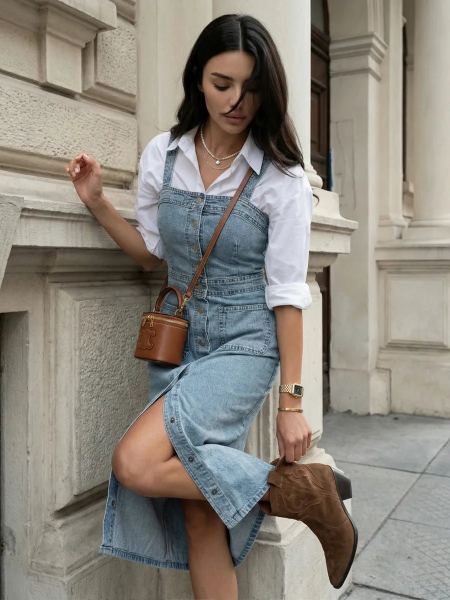 Calypso Denim Dress With Straps And ButtonsApparel & Accessories > Clothing > Dresses > Denim DressesCelidiorCelidiorCJNSSYLY13897-light Blue-Snull