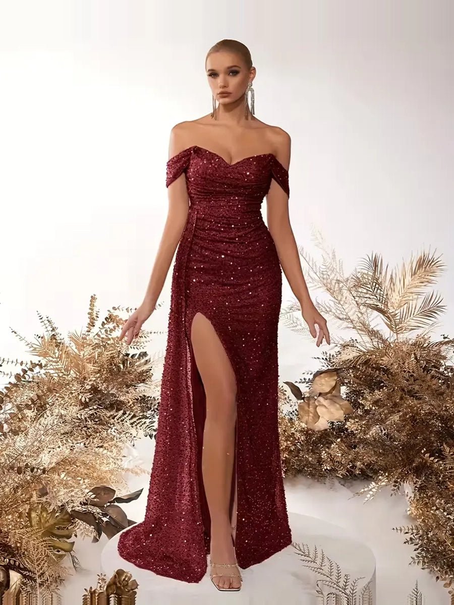 Yelena Party Sequins Off-neck Split Dress - Celidior
